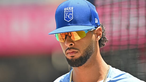 Jun 25, 2022; Kansas City, Missouri, USA; Kansas City Royals designated hitter MJ Melendez (1) looks on during batting practice, prior to a game against the Oakland Athletics at Kauffman Stadium. Mandatory Credit: Peter Aiken-USA TODAY Sports